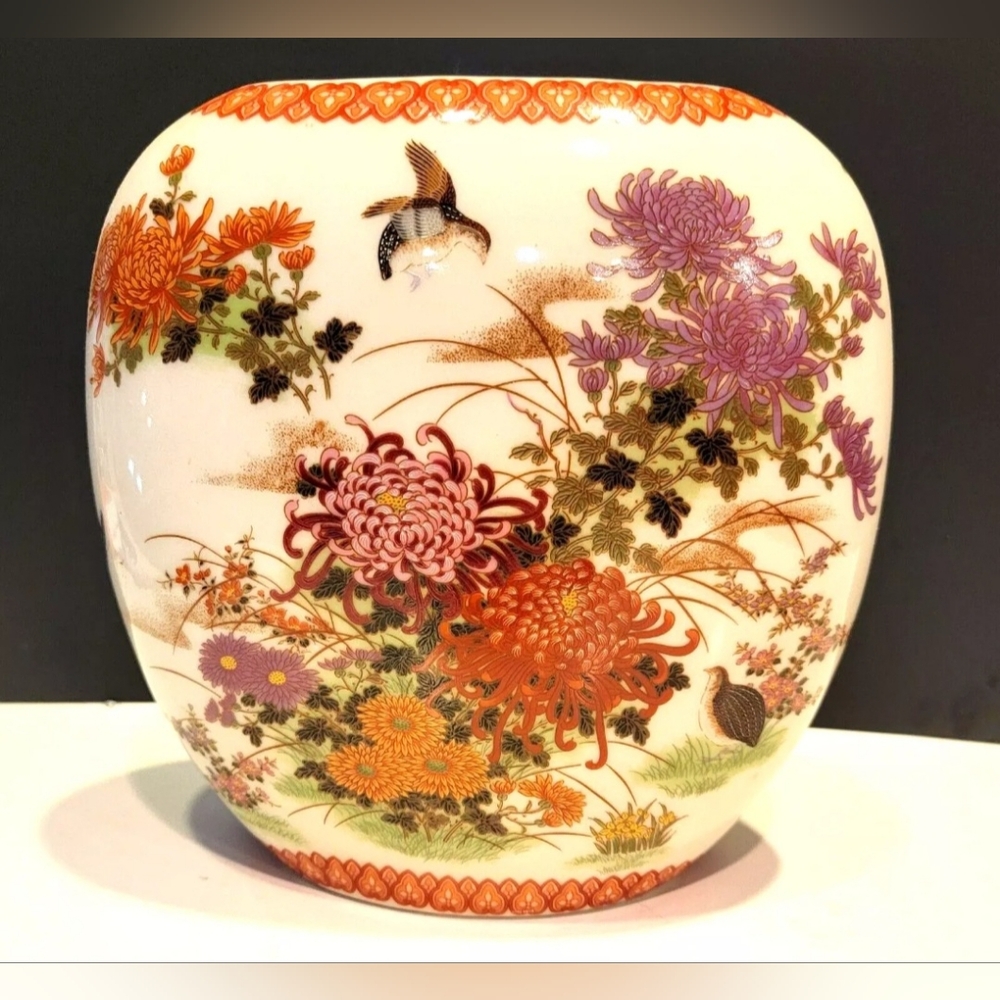 Vtg ShibataJapan,Porcelain Oval 9" Vase Chrysanthemums, Birds Butterflies